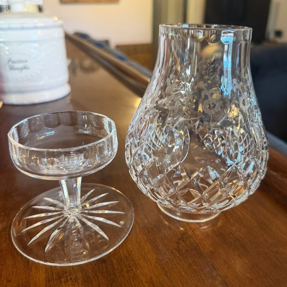 Vintage Crystal Hurricane Candle Holder Etched Floral Diamond 2 Piece Clear 7.5